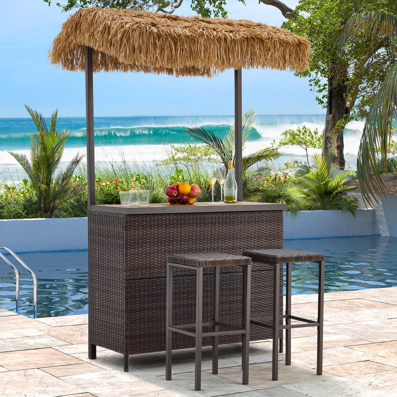 HOMREST Outdoor Tiki Bar Set, 3 Pieces Wicker Patio Bar Set w/2 Height Stools, Storage Shelf, Canopy, Plastic Wood Tabletop for Backyard Poolside Garden, Brown