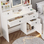IRONCK Vanity Desk with LED Lighted Mirror, Large Storage Makeup Vanity Table with 5 Drawers, Cabinet, 7 Open Shelves, Power Outlet, Storage Stool, Bedroom, White