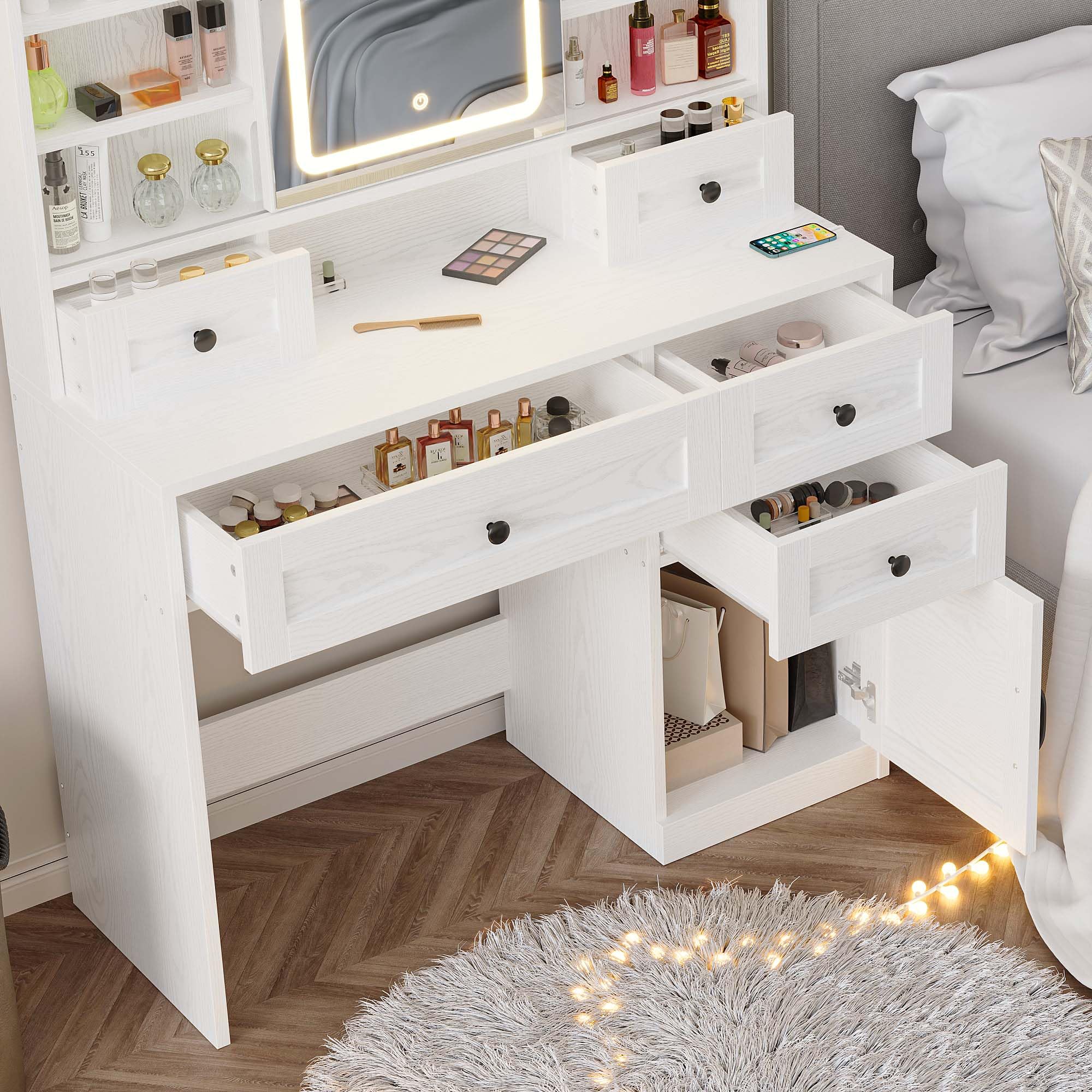 IRONCK Vanity Desk with LED Lighted Mirror, Large Storage Makeup Vanity Table with 5 Drawers, Cabinet, 7 Open Shelves, Power Outlet, Storage Stool, Bedroom, White