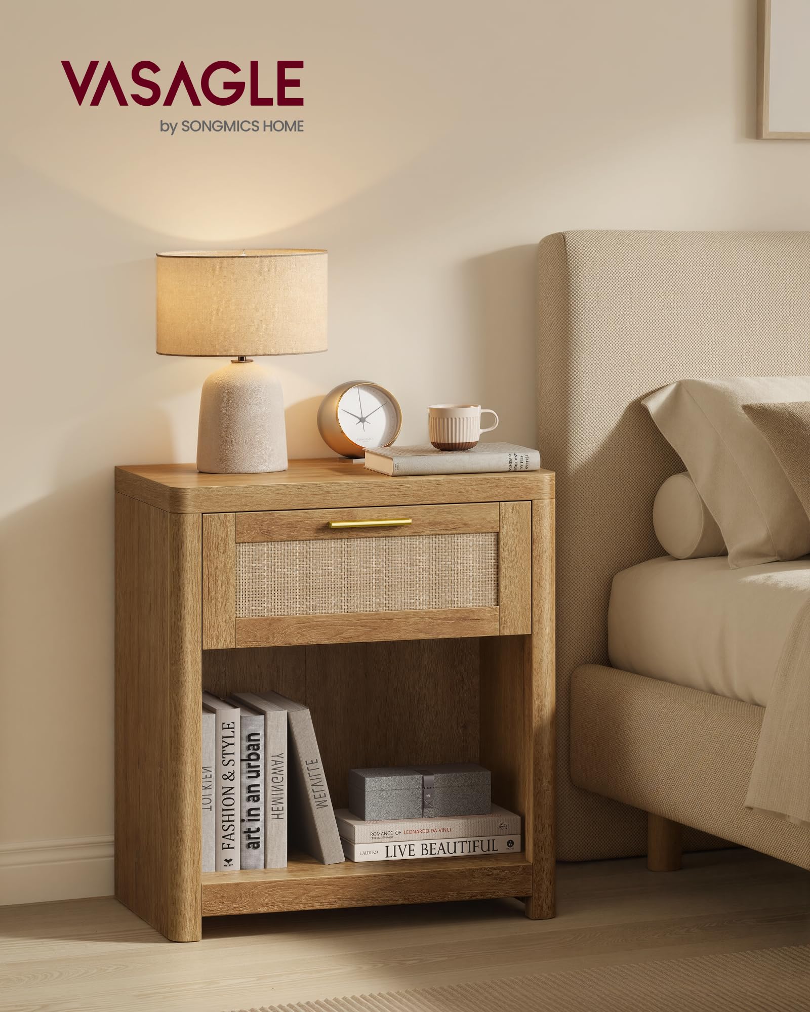 Boho Rattan-Look Nightstands with Drawer – Set of 2