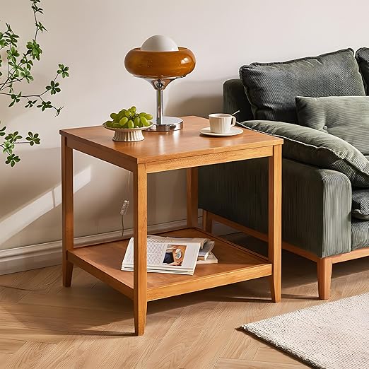 Cttasty Side Table, Solid Wood Square End Table with Storage Shelf, 2-Tier Coffee Table for Living Room, Rubber Wood Small Sofa Table, Nightstand 23.62 H x 23.62 W x 23.62 D Inches (Walnut)