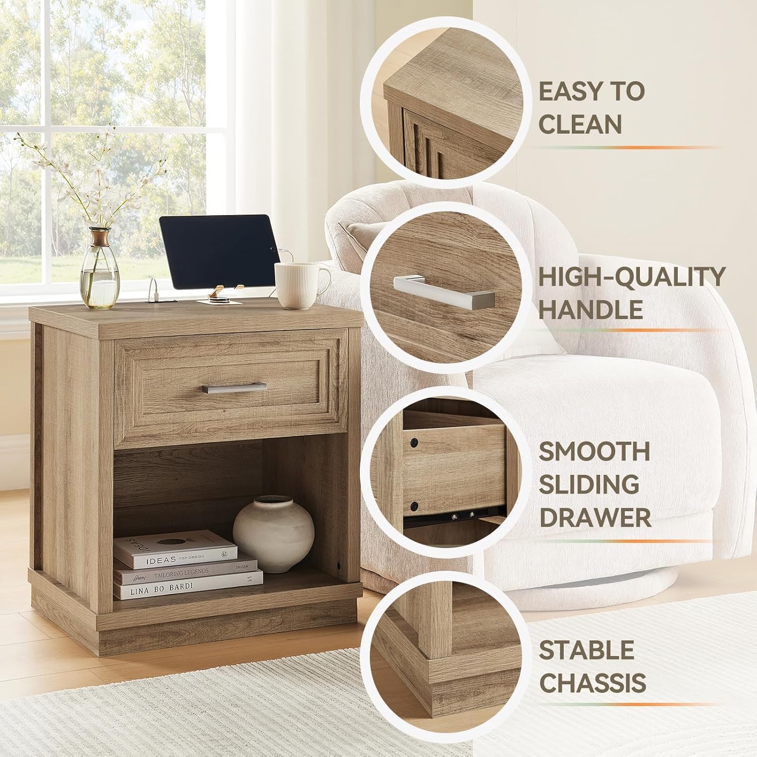 Cherytika Bed Frame and Nightstand Set, Queen Wood Bed Frame with LED Headboard and 2 Bedside Tables, 3 Pieces Bedroom Furniture Set, Classic Modern (Natural Wood)