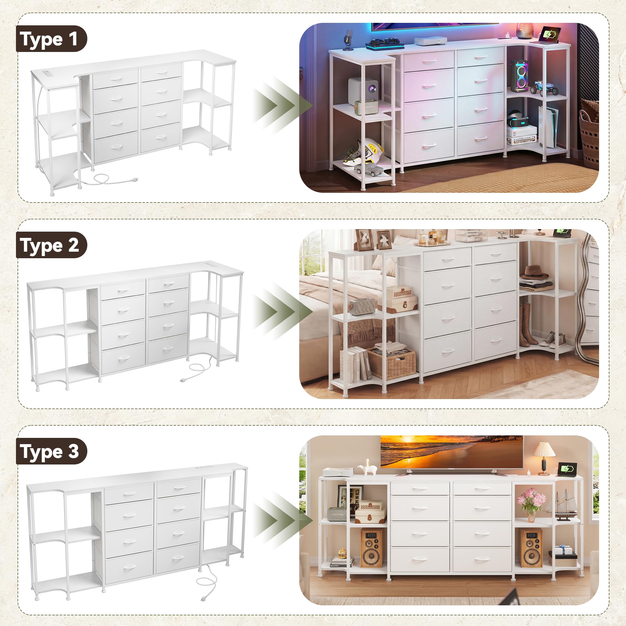 White Dresser for Bedroom with Charging Station,8 Drawer TV Stand for 55 65 75 inch TV,3-in-1 Configurable U-Shape/L-Shape/Linear,Large Chest of Drawers with 5 Storage Shelves for Gaming Room,Hallway