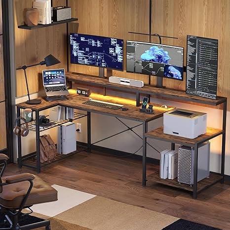 L-Shaped Gaming Desk with LED & Power Outlets, 71.5"