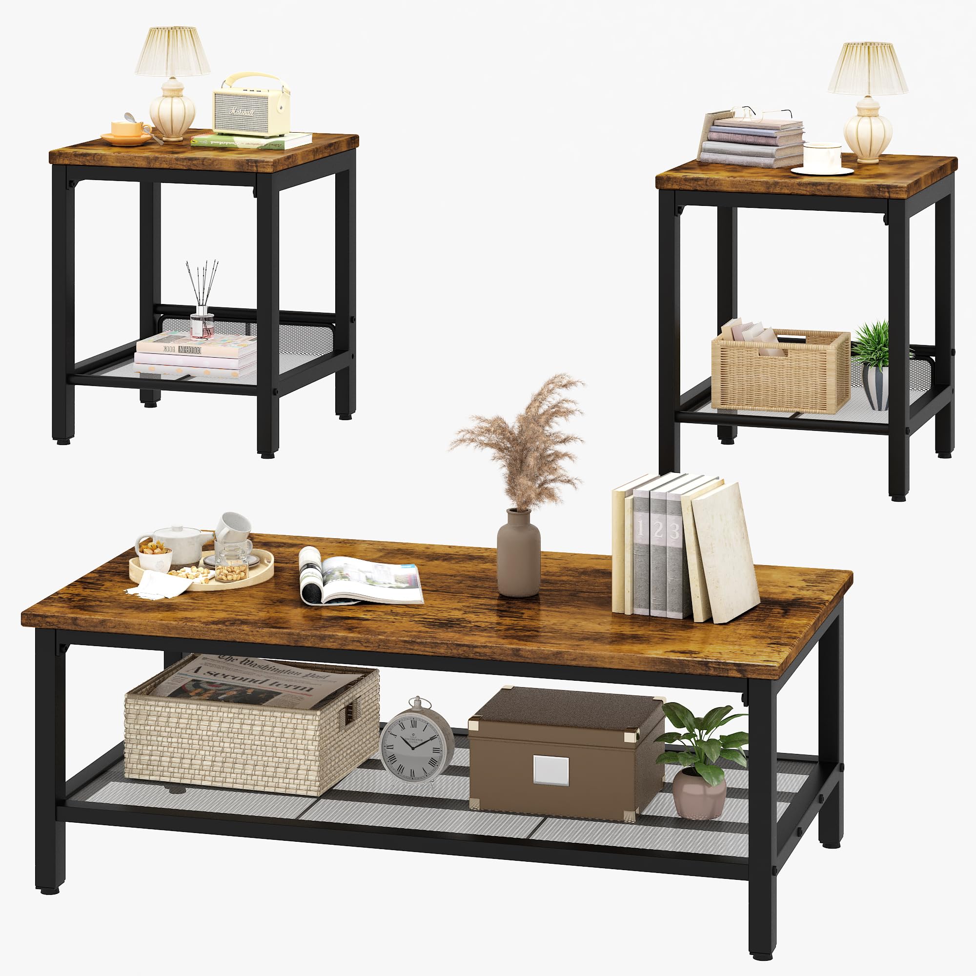 3-Piece Industrial Coffee Table Set with 2 End Tables