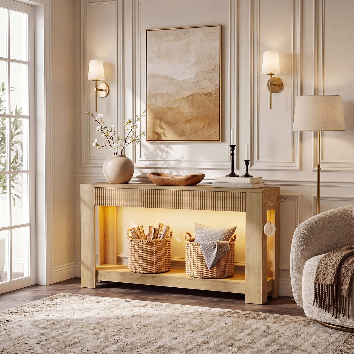 Cibert 63" Fluted Console Table with Drawers, Narrow Sofa Table