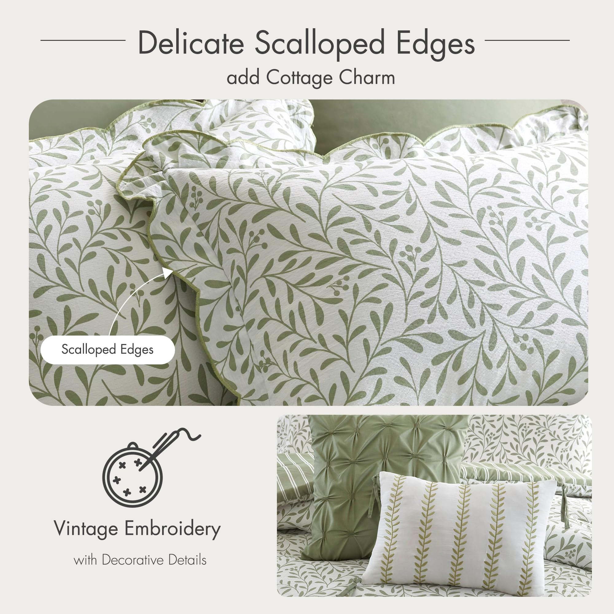 Madison Park 5-Piece Reversible Botanical Comforter Set - Summer Floral Print with Scalloped Edges, Lightweight Bedding with Decorative Pillows, Queen, Market Green