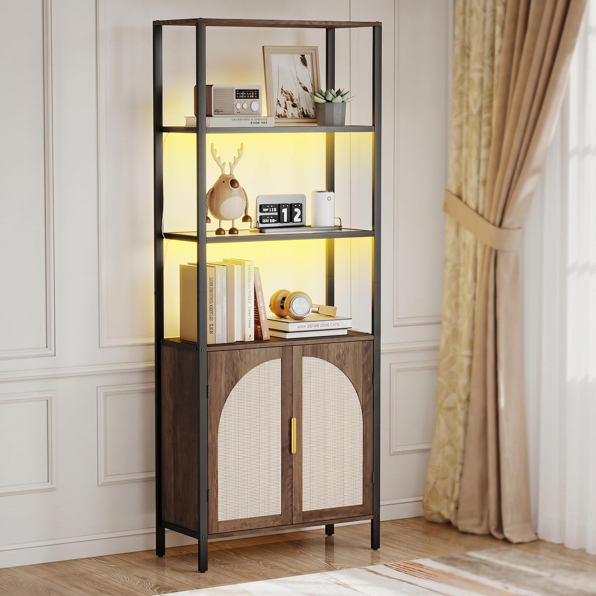 Rattan LED Bookshelf with Cabinet
