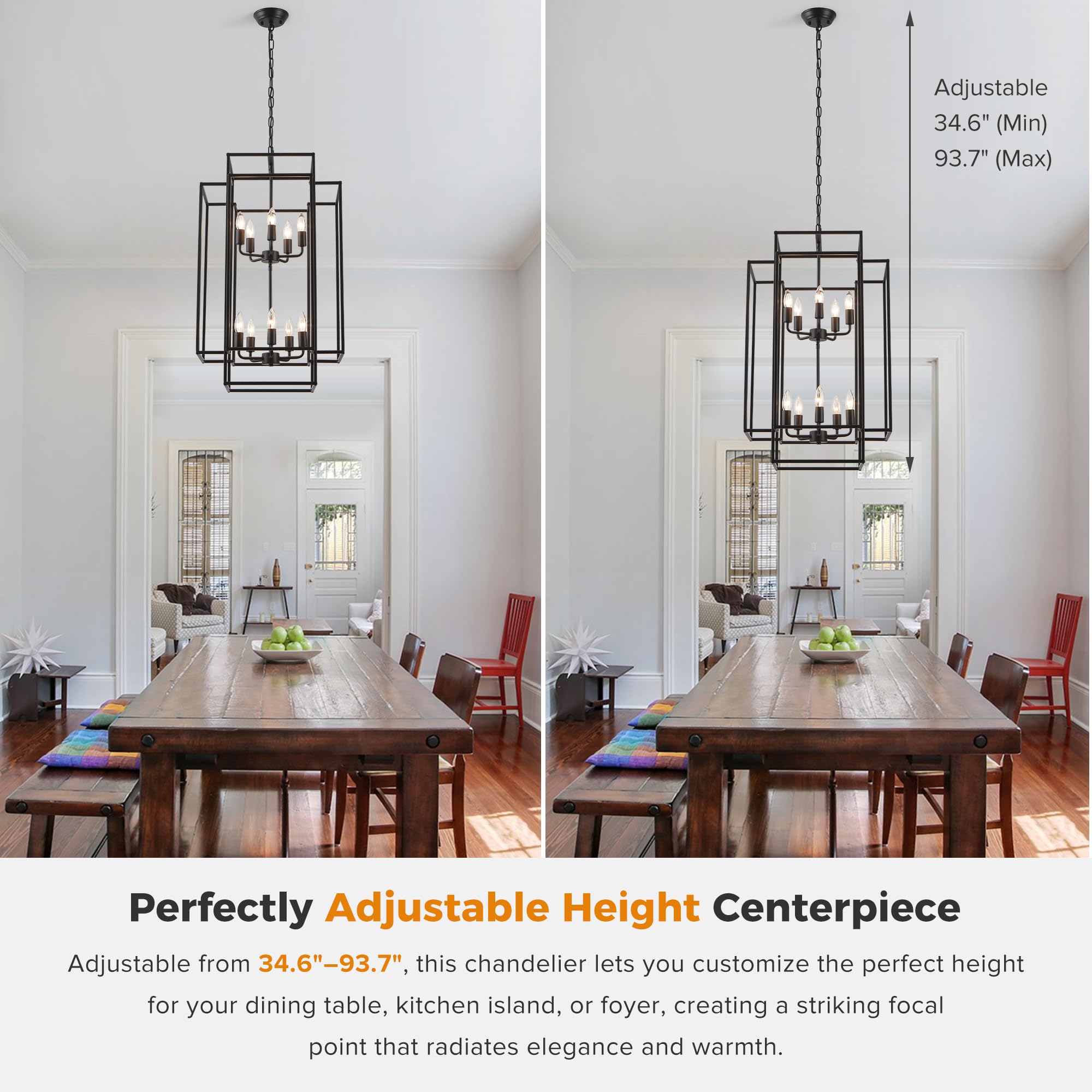 Xuridongsheng Large Lantern Chandelier for Entryway Foyer, 2-Tier Matte Black Cage Chandelier, 10-Light Hanging Light Fixture for High Ceiling Staircase Living Room