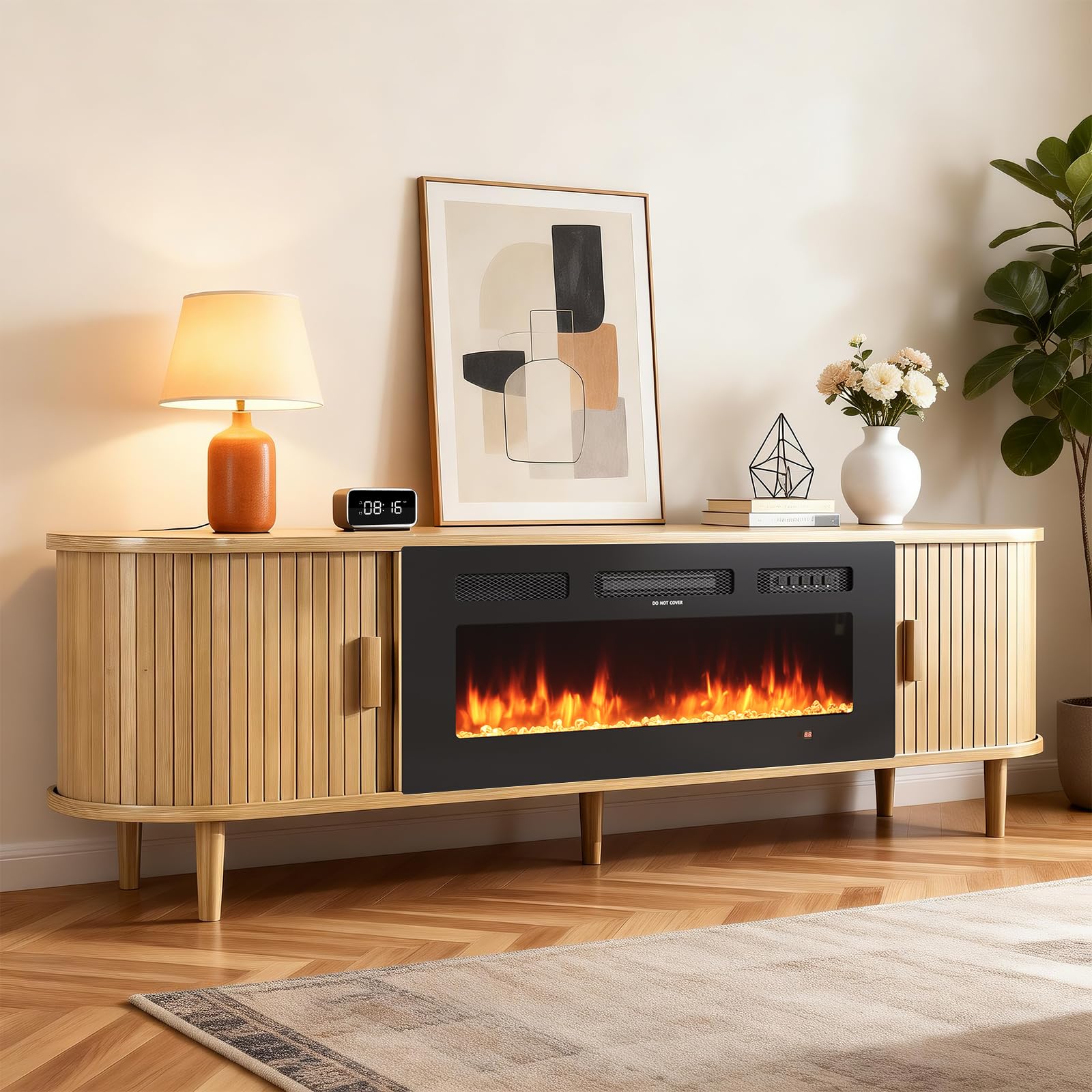 70" Fluted Fireplace TV Stand with Sliding Door