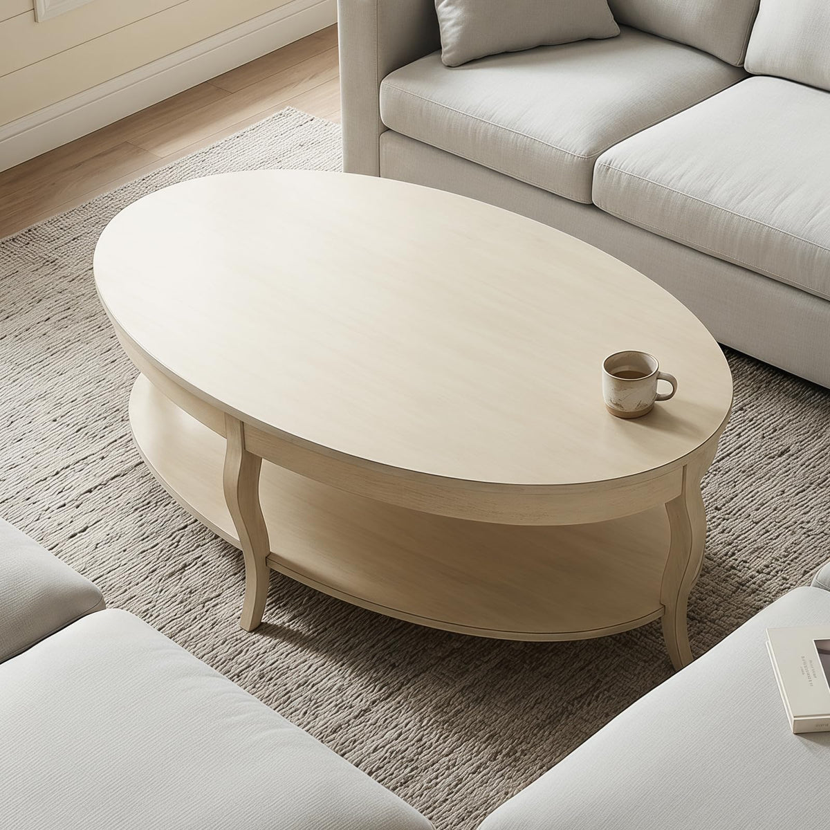 Oval Solid Wood Coffee Table with Storage