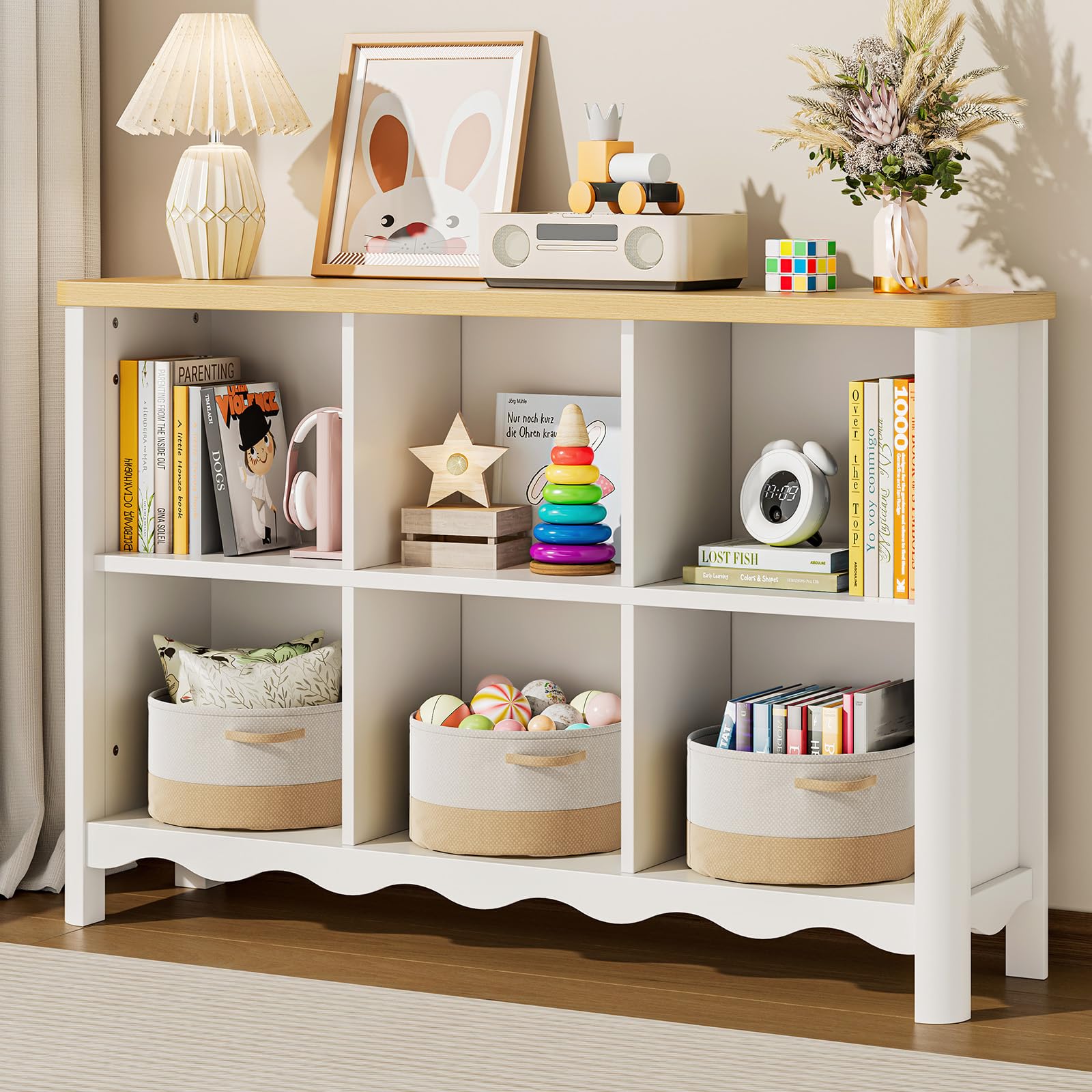 ONBRILL 6 Cube Storage Organizer Shelf, Bookshelf and Toy Storage Organizer for Kids Rooms, Small Book Shelf for Child, Display Cabinet Bookcase for Living Room, Study Room, Office (White and Nature)