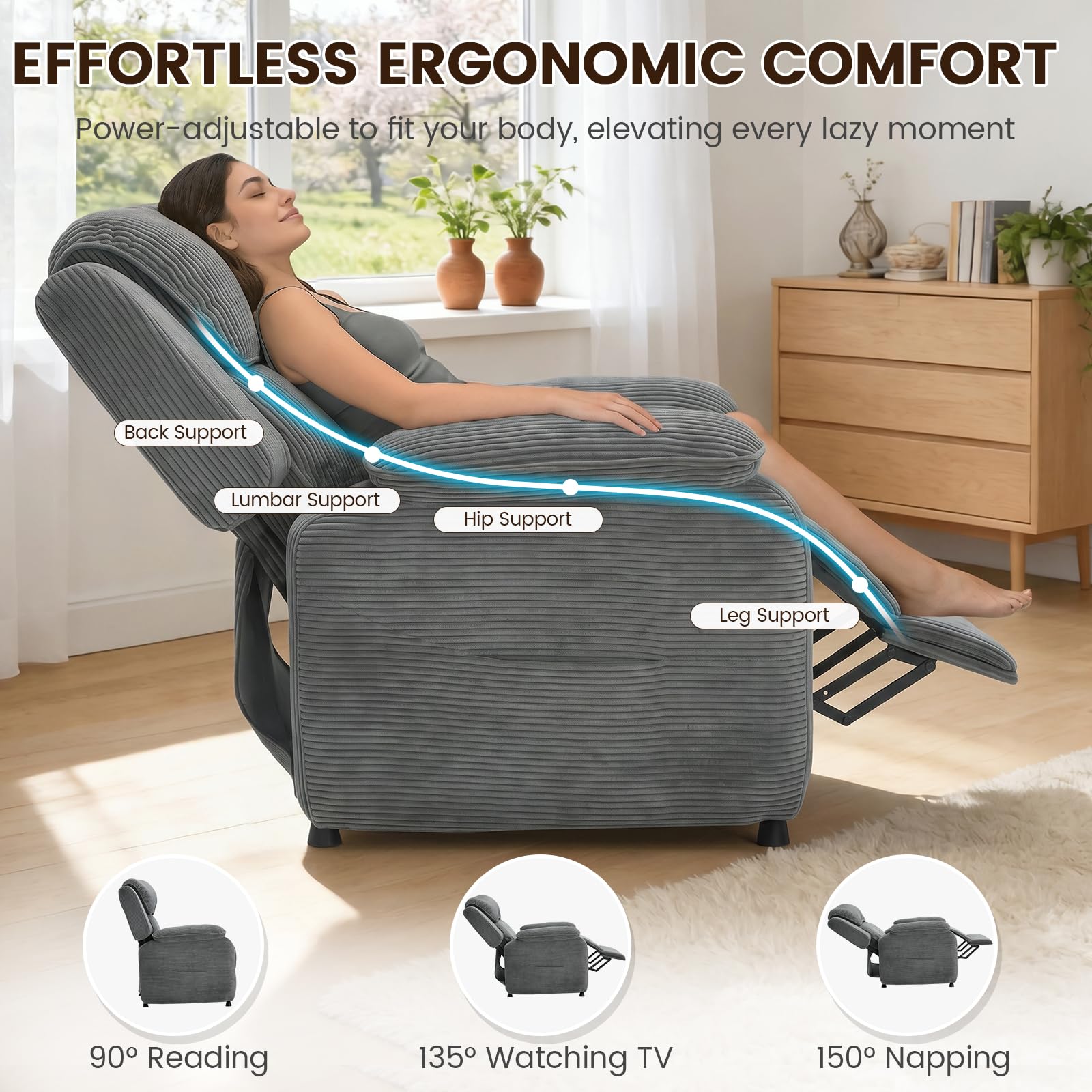 EROMMY Electric Recliner Chair, Oversized Power Recliner with USB Charging Port & Side Pockets, Heavy Duty Corduroy Reclining Sofa Chair, Wide Seat Living Room Chair for Adults, Dark Grey