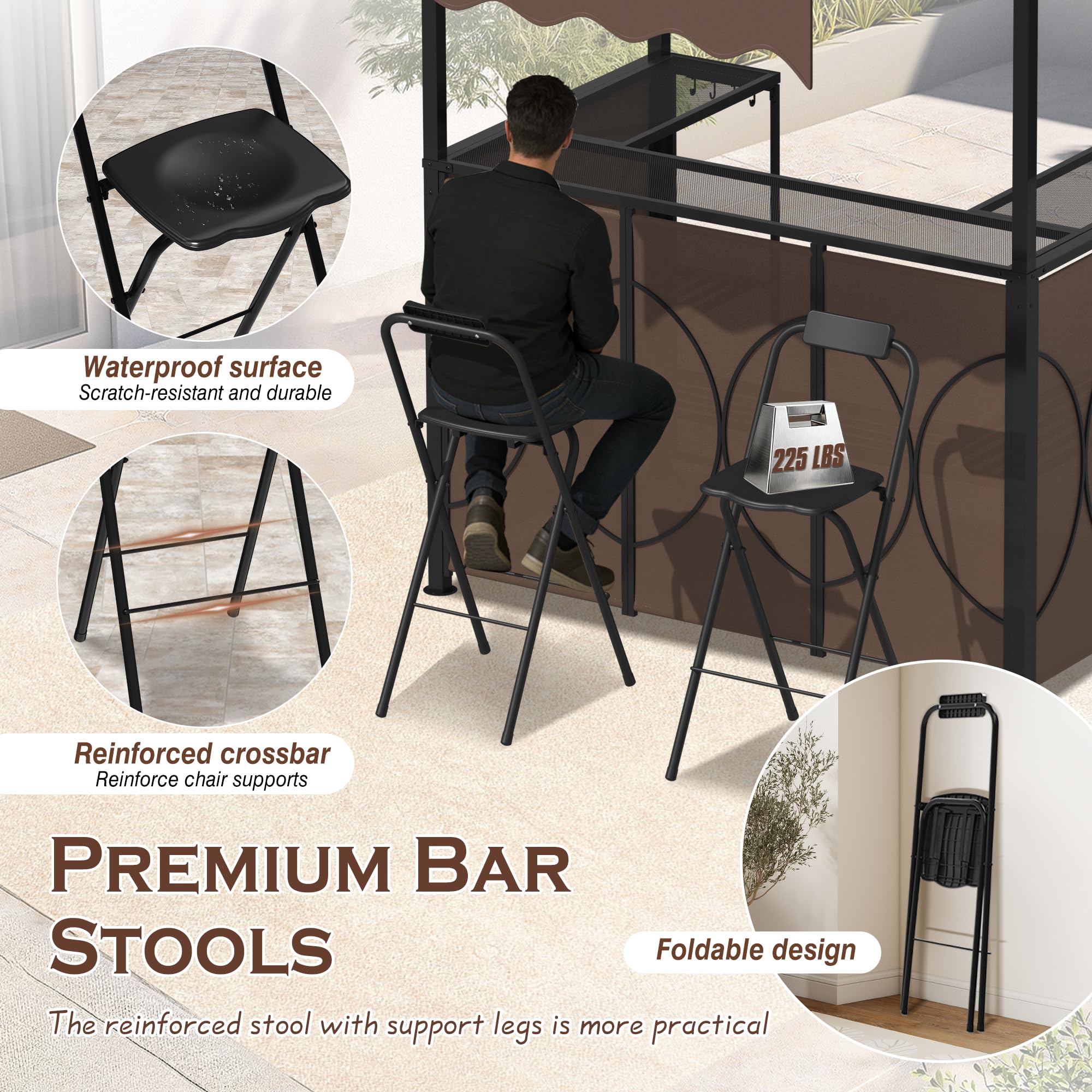 Grepatio 3 Piece Patio Bar Set with Canopy, Grill Gazebo with Bar Table and 2 Foldable Stools, Outdoor Bar Set with Storage Shelves, Extra Adjustable Shadow, Glass Holders for Garden Backyard