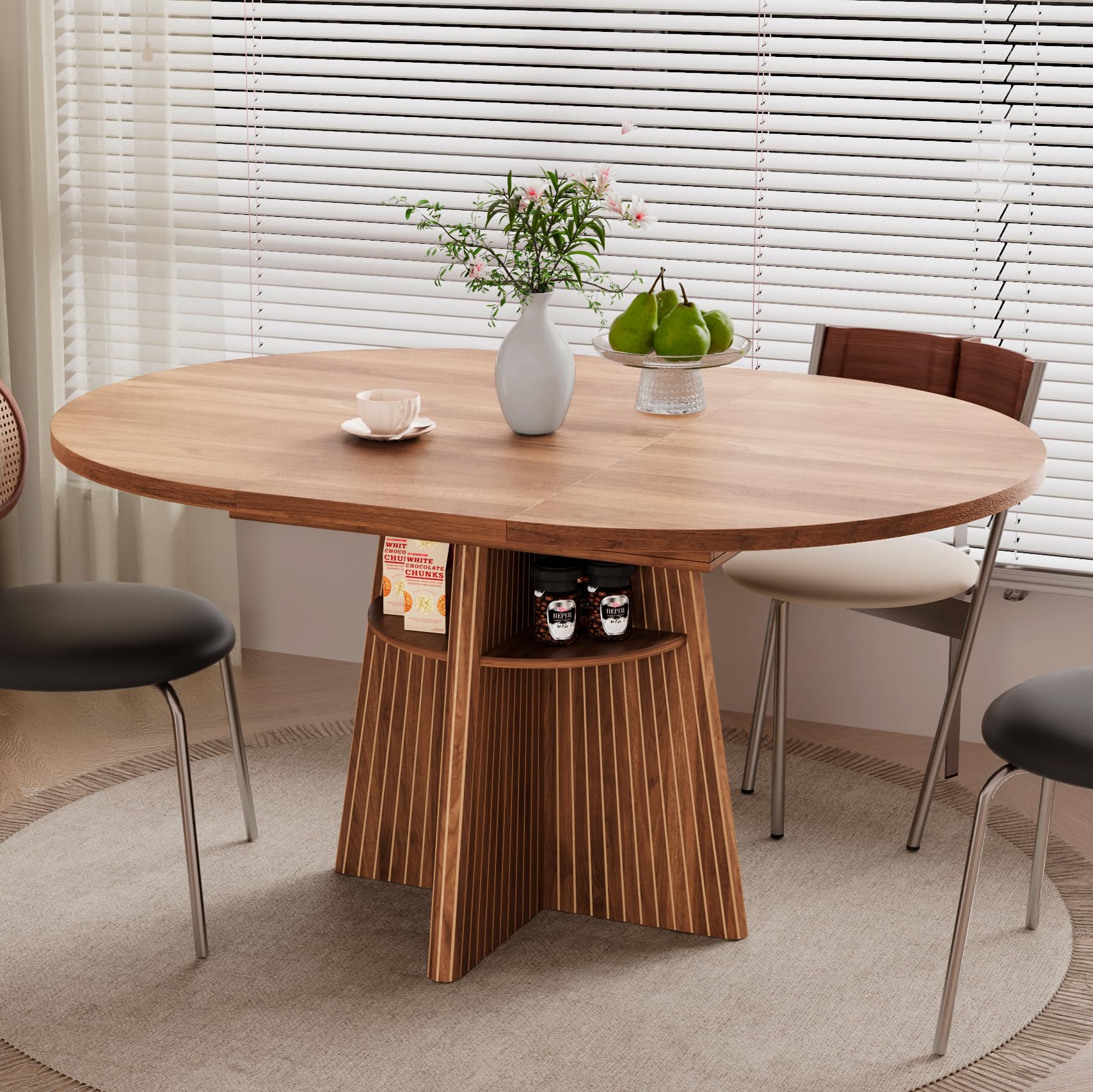 43.3in-59in Extendable Dining Room Table for 4-8, Round Expandable Kitchen Table with Fluted Base, Modern Oval Dinner Tables with 4 Storage Shelves for Kitchen Living Room (Walnut, 43.3in)