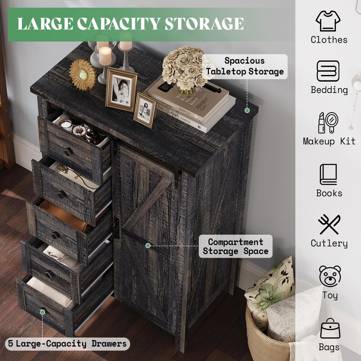 AMERLIFE 3-Piece Black Farmhouse Bedroom Set with Full Bed & 2 Dressers