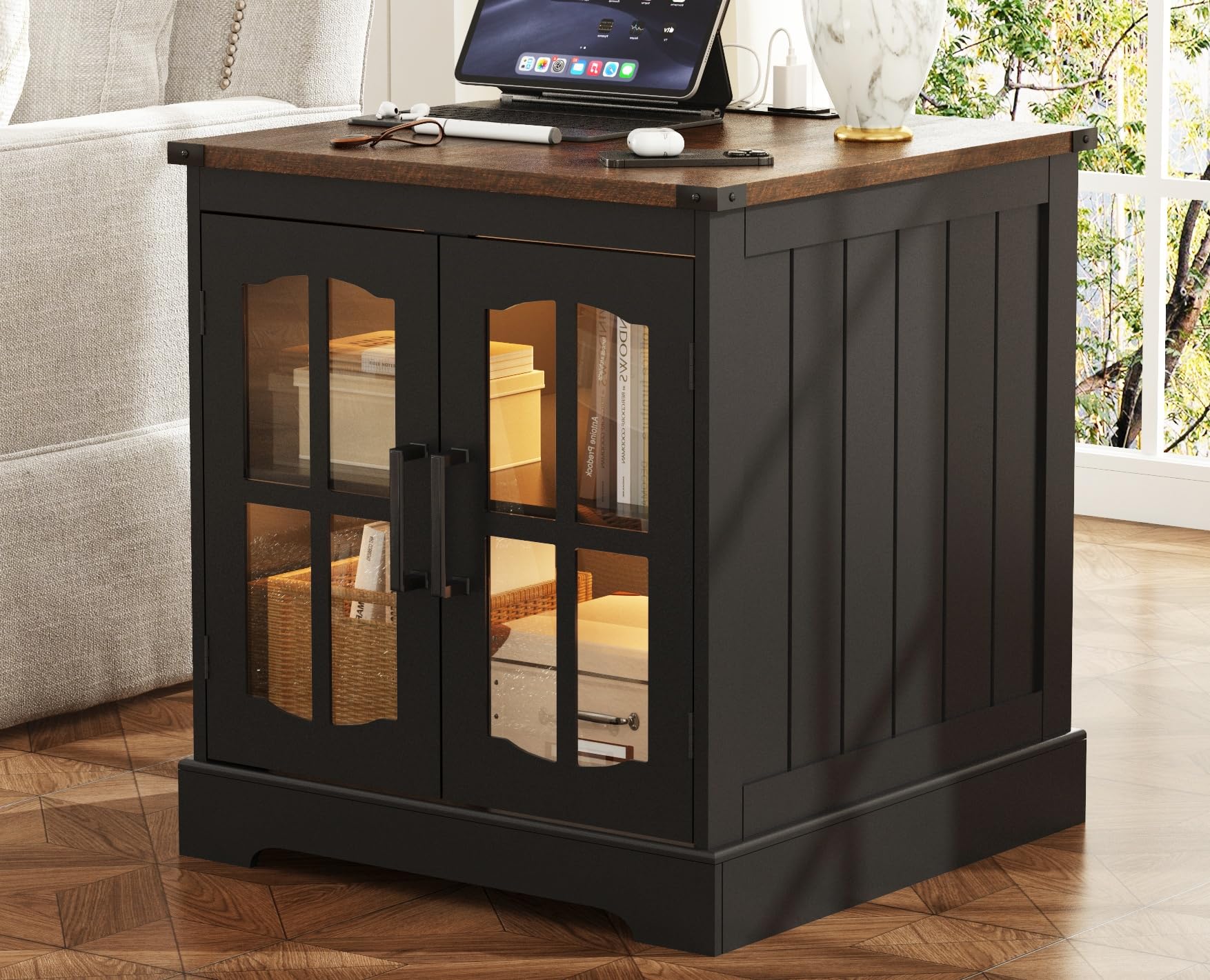 Rustic End Table with Charging Station & LED Light