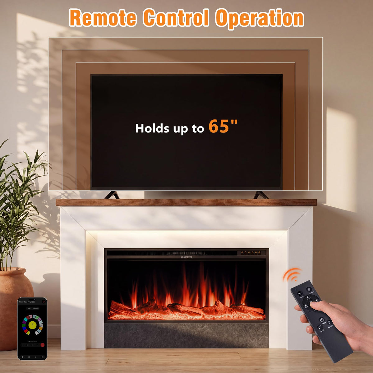 Weyderk 62" Electric Fireplace with Mantel, TV Stand with 42" Insert, 15 LED Colors & 15 Realistic 3D Flame Effects, Remote Control, 1-8h Timer, 62–84℉ Adjustable Thermostat, White