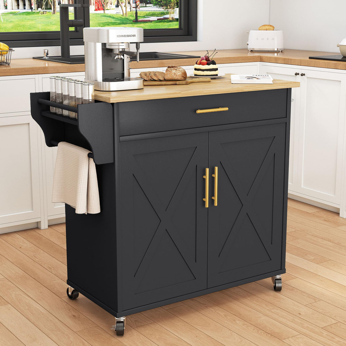 Chireca Kitchen Island with Storage, Rolling Island Table with Drop Leaf