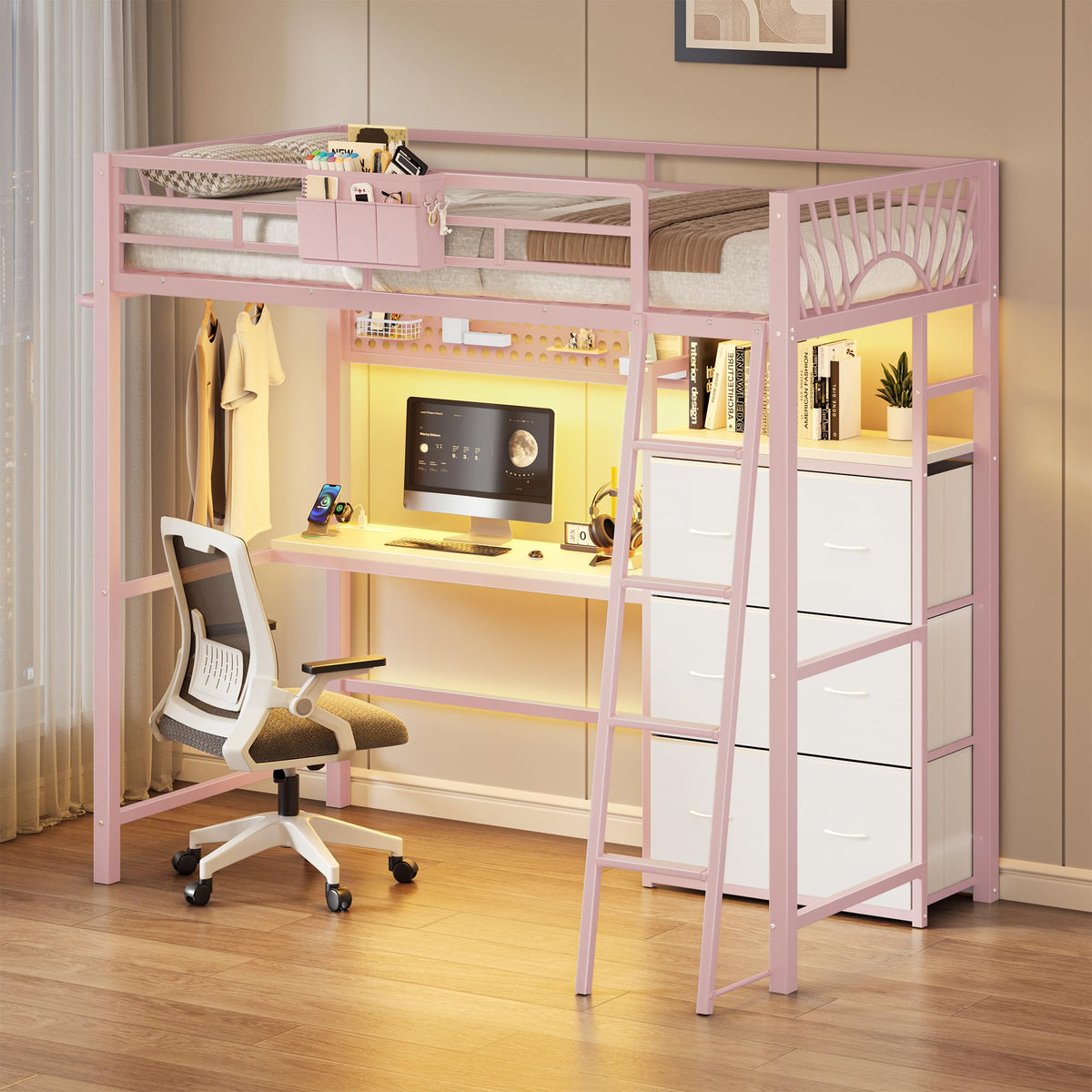 Twin Loft Bed with Desk and 6 Storage Drawers, Charging station & LED, Pink