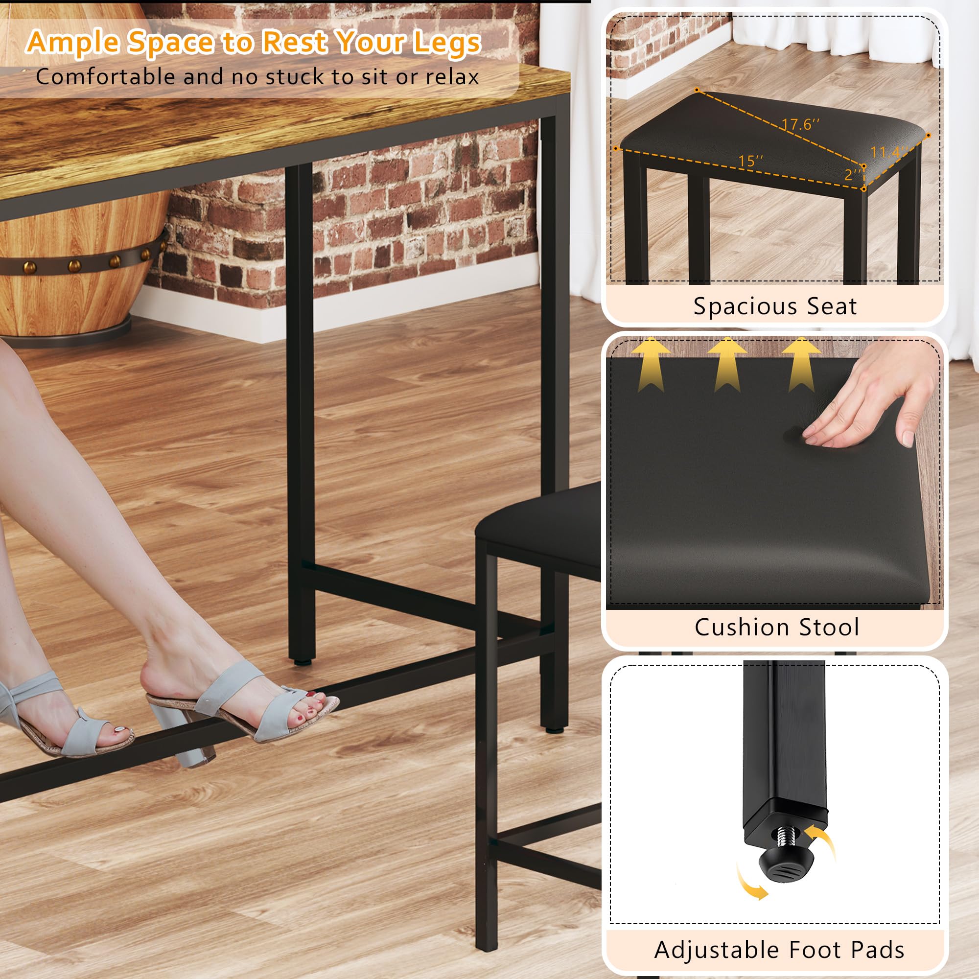 L Shaped Bar Table with Stools, 63‘’ Bar Height Table with Power Outlets, Convertible Corner Counter Height Bar Table with 2 Stools, Rectangular High Top Table for Small Spaces, Breakfast Nook, Rustic