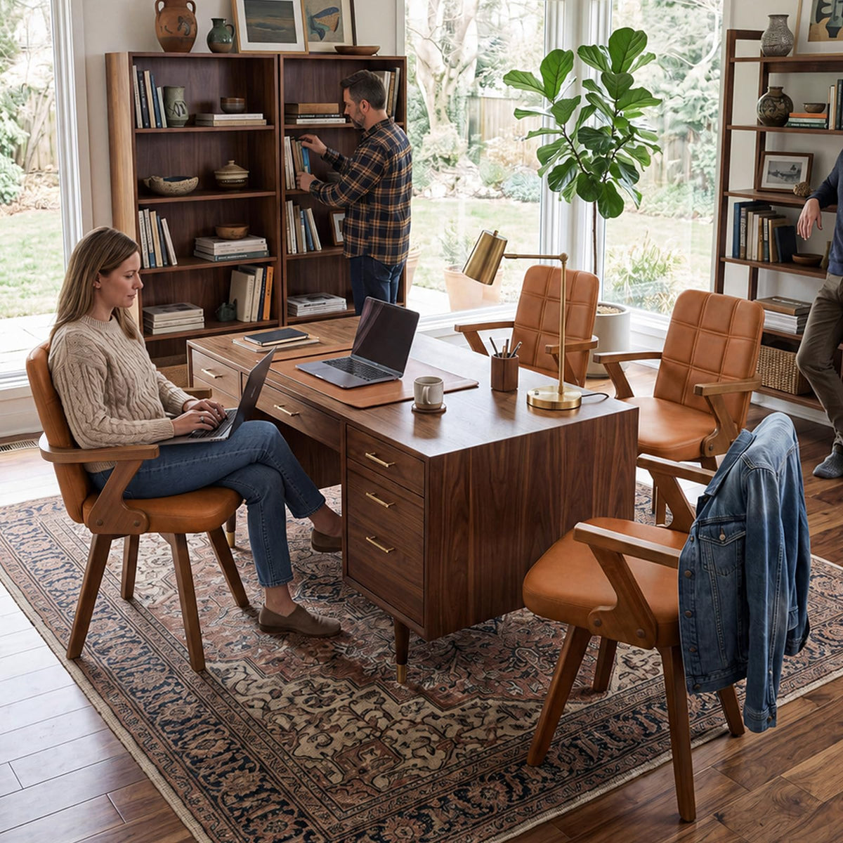 Mid Century Modern Home Office Chair with Walnut Finish, Ergonomic Faux Leather Desk Chair with Silent Rolling Wheels, Curved Back and Arms (Beige - Wooden Legs, Set of 1)