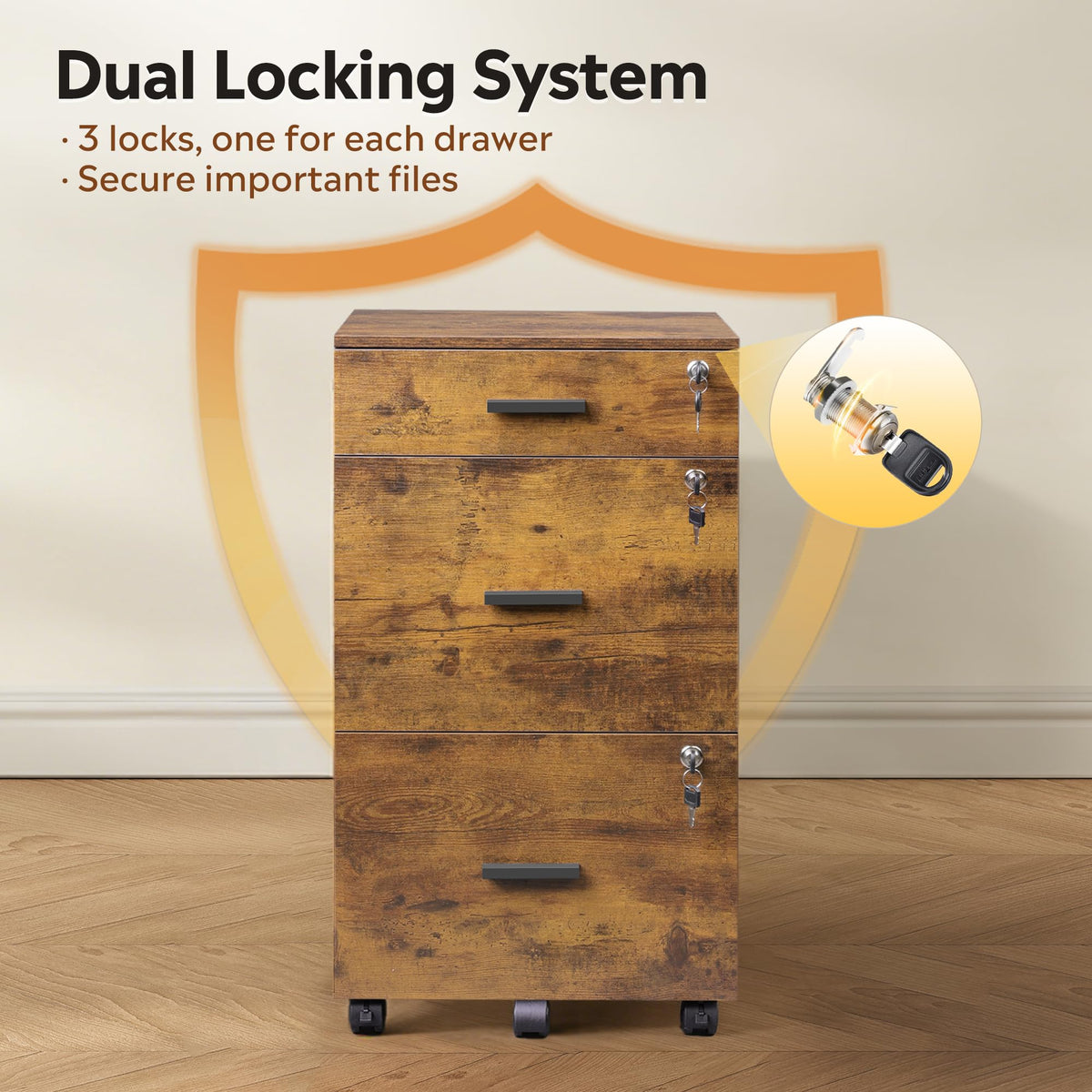 3-Drawer Locking File Cabinet with Wheels