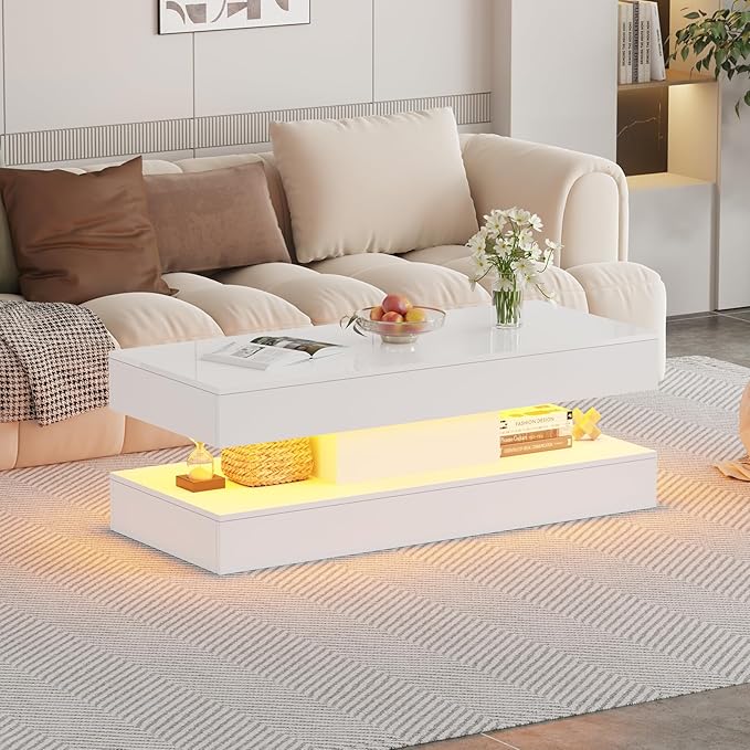 47.2" Two-Tier High-Gloss Coffee Table with LED Lighting