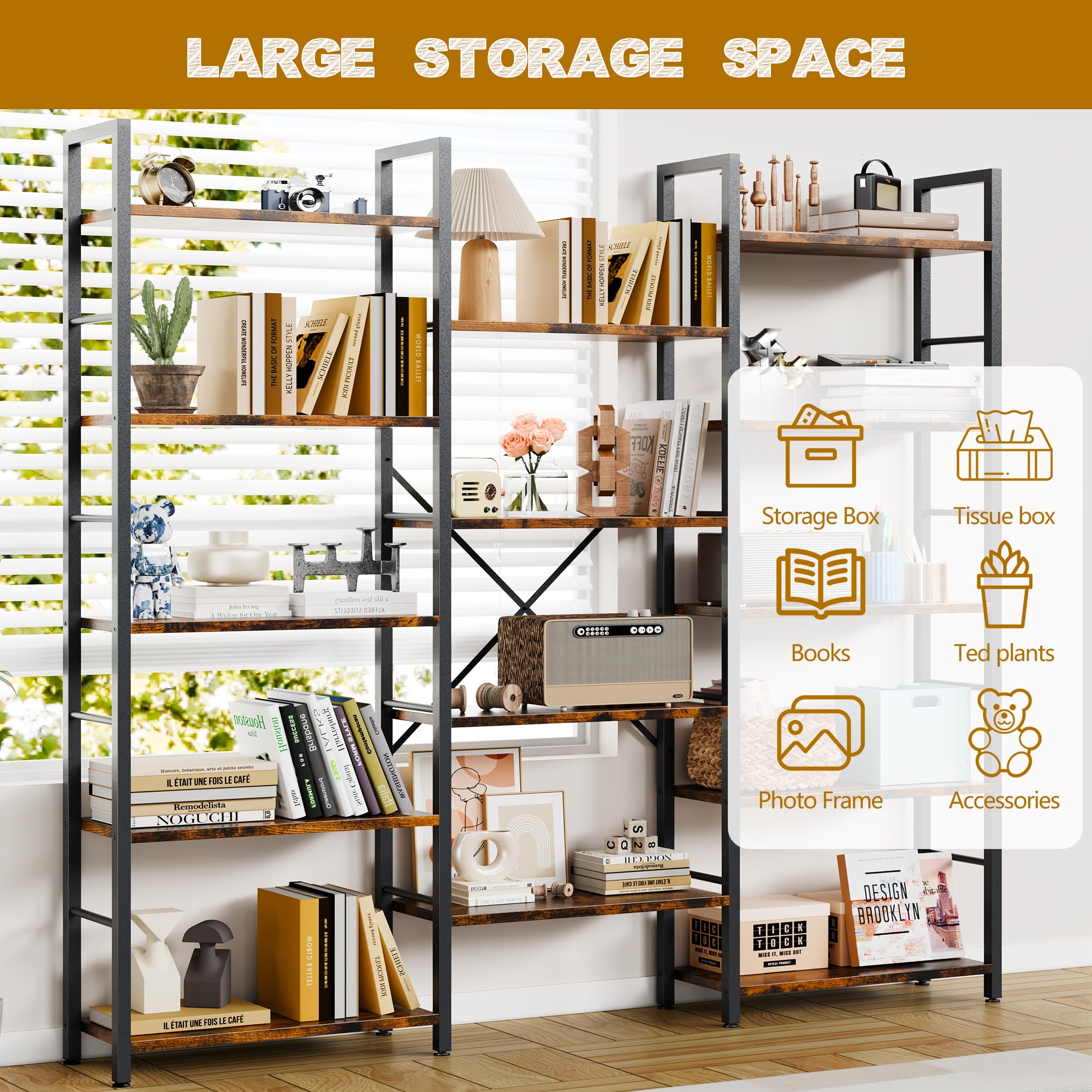Triple Wide 5-Tier Bookshelf with 14 Open Shelves