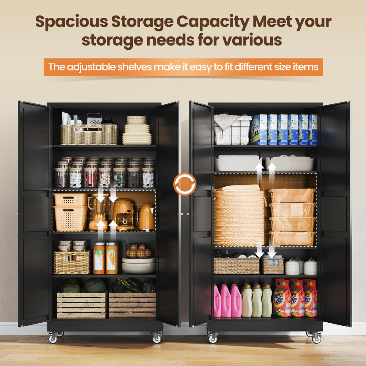 Yizosh 71"Black Metal Kitchen Storage Cabinet,Mobile Garage Storage Cabinet