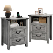 Decofy Farmhouse Nightstand Set of 2 with Charging Station, 2 Drawers, 18" Wide Rustic Bedside Table with Open Shelf, Wood End Table, Night Stand Set of 2 for Bedroom, Grey Oak