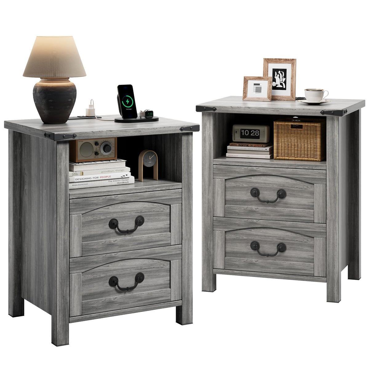 Decofy Farmhouse Nightstand Set of 2 with Charging Station, 2 Drawers, 18" Wide Rustic Bedside Table with Open Shelf, Wood End Table, Night Stand Set of 2 for Bedroom, Grey Oak