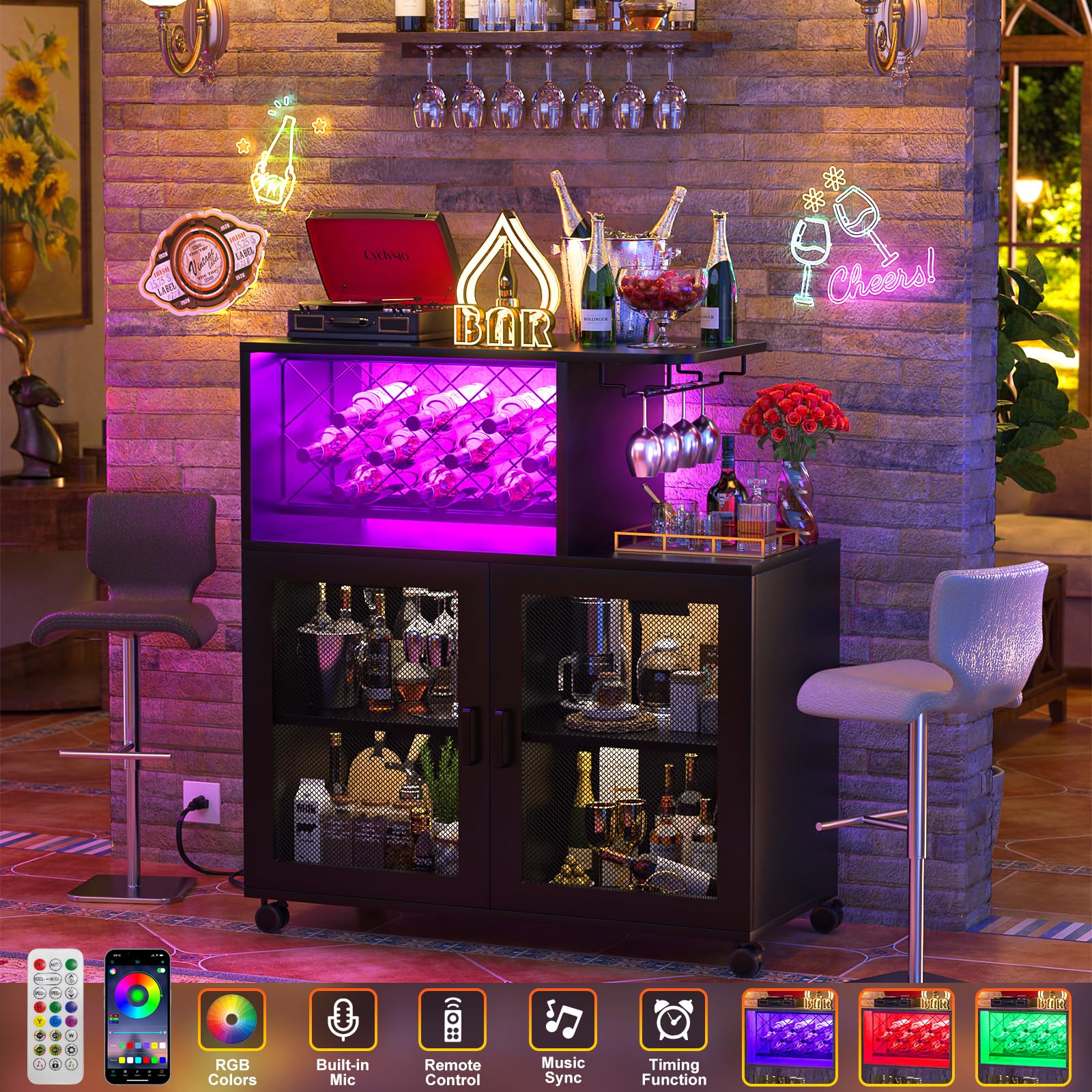 Wine Bar Cabinet with LED Light & Power Outlets