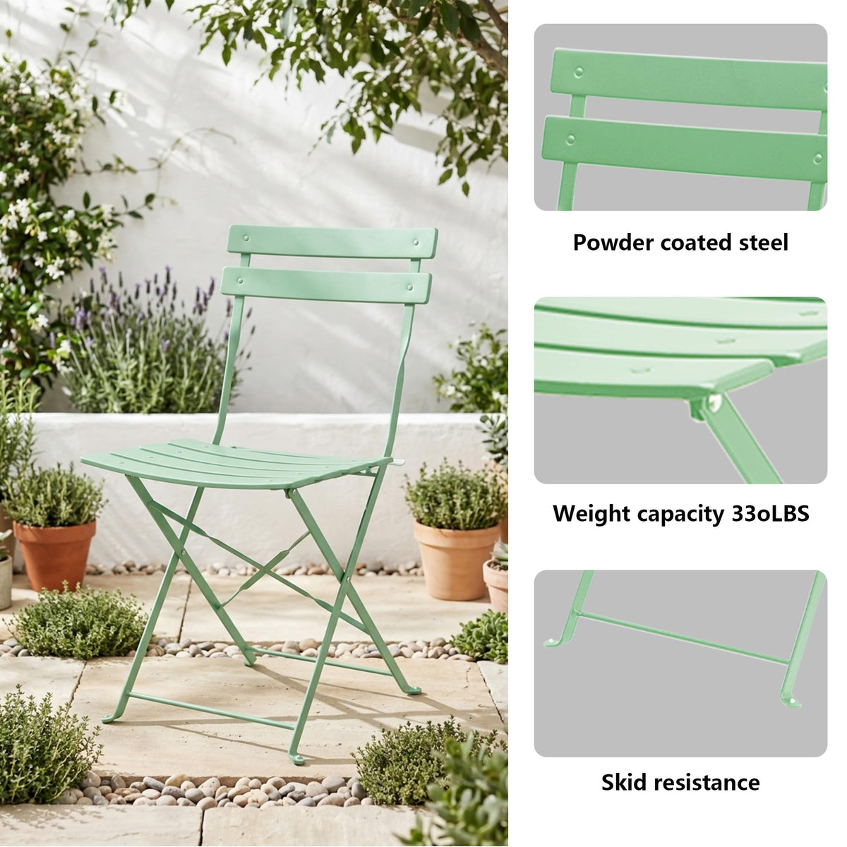Bistro Table and Chairs Set of 2, 3 Piece Folding Patio Bistro Set, Weather-Resistant Steel Frame, No Assembly Needed, Indoor & Outdoor Patio Furniture Set for Garden, Yard, Balcony, Green