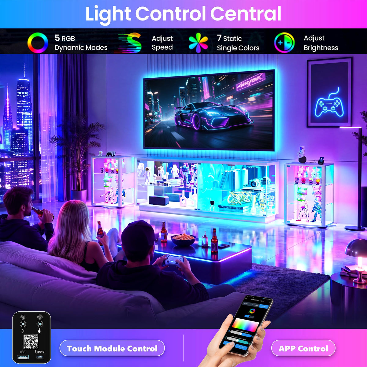 HNEBC 2 Pack 360 Glass Display Cabinet, Glass Doors, RGB LED Lights, White