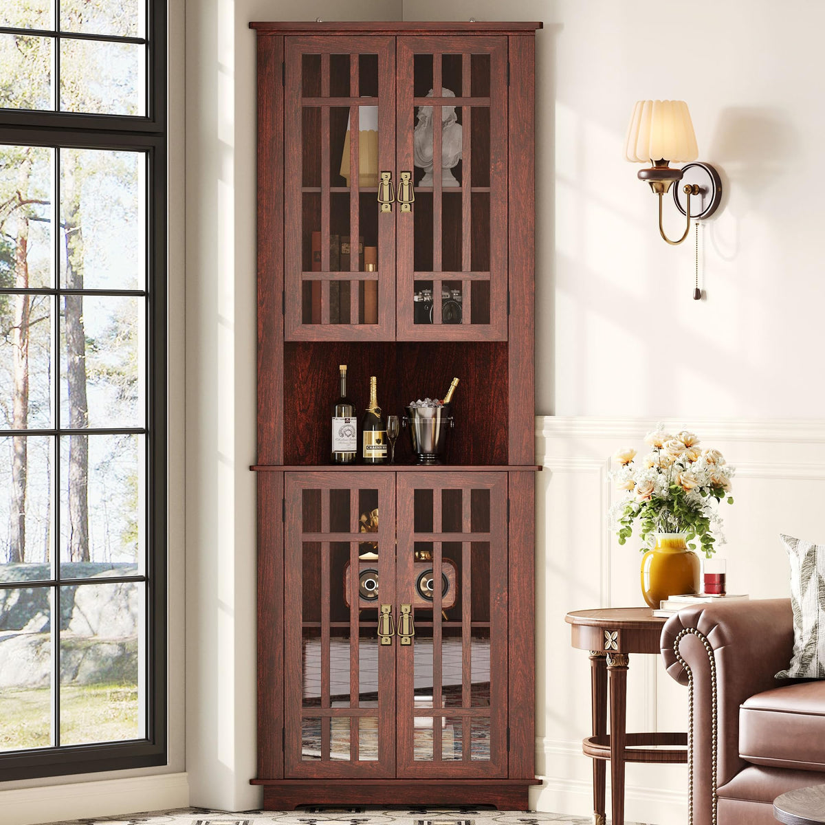 IRONCK Mid Century Modern Corner Cabinet, Red Walnut