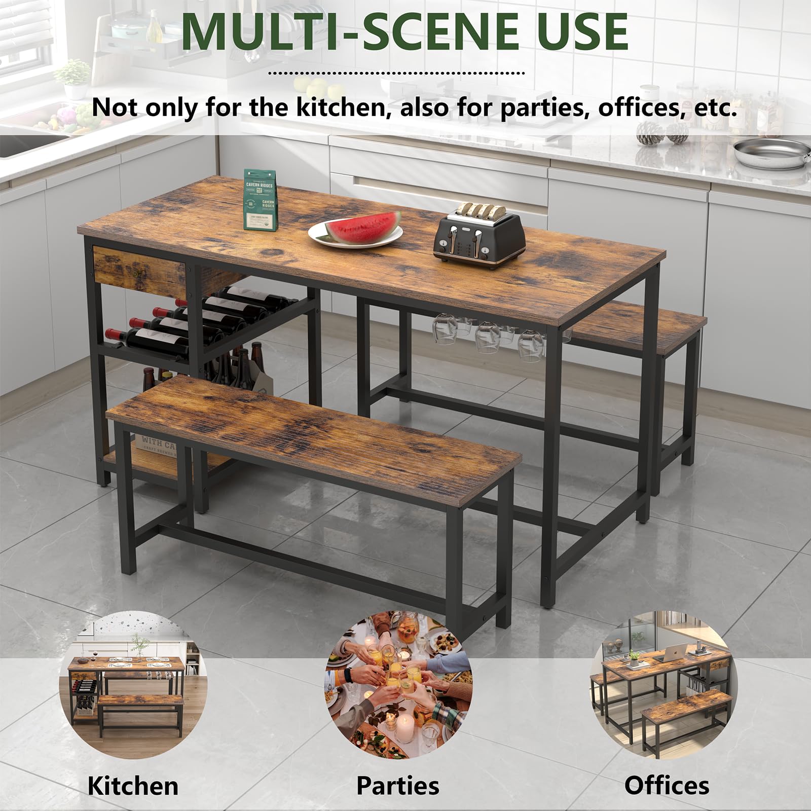 Dining Table Set with Storage & Wine Rack, Brown