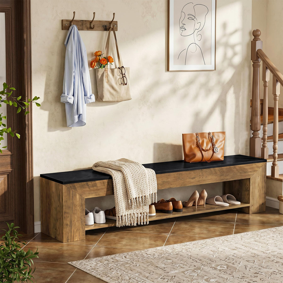 Tribesigns 71-Inch Extra Long Entryway Bench with Shoe Storage, Farmhouse Shoe Bench with 2 Shelves, Wooden Indoor Seating for Hallway, End of Bed, Living Room, Mudroom, Rustic Brown & Black