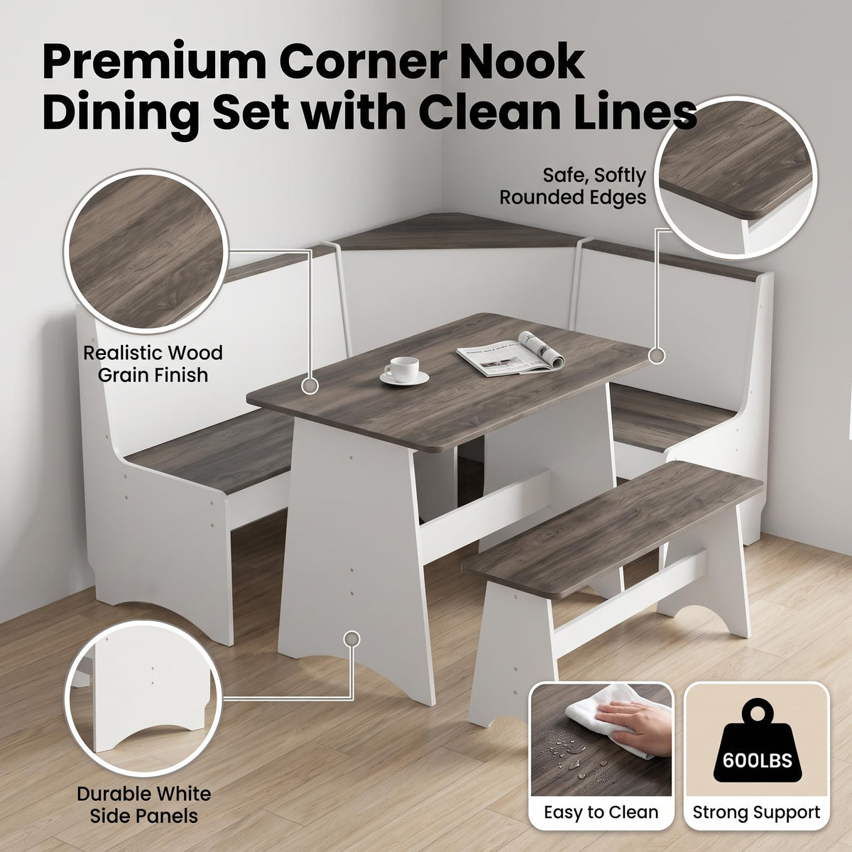 Farmhouse Breakfast Nook Table Set with L-Shaped Bench (White + Gray)
