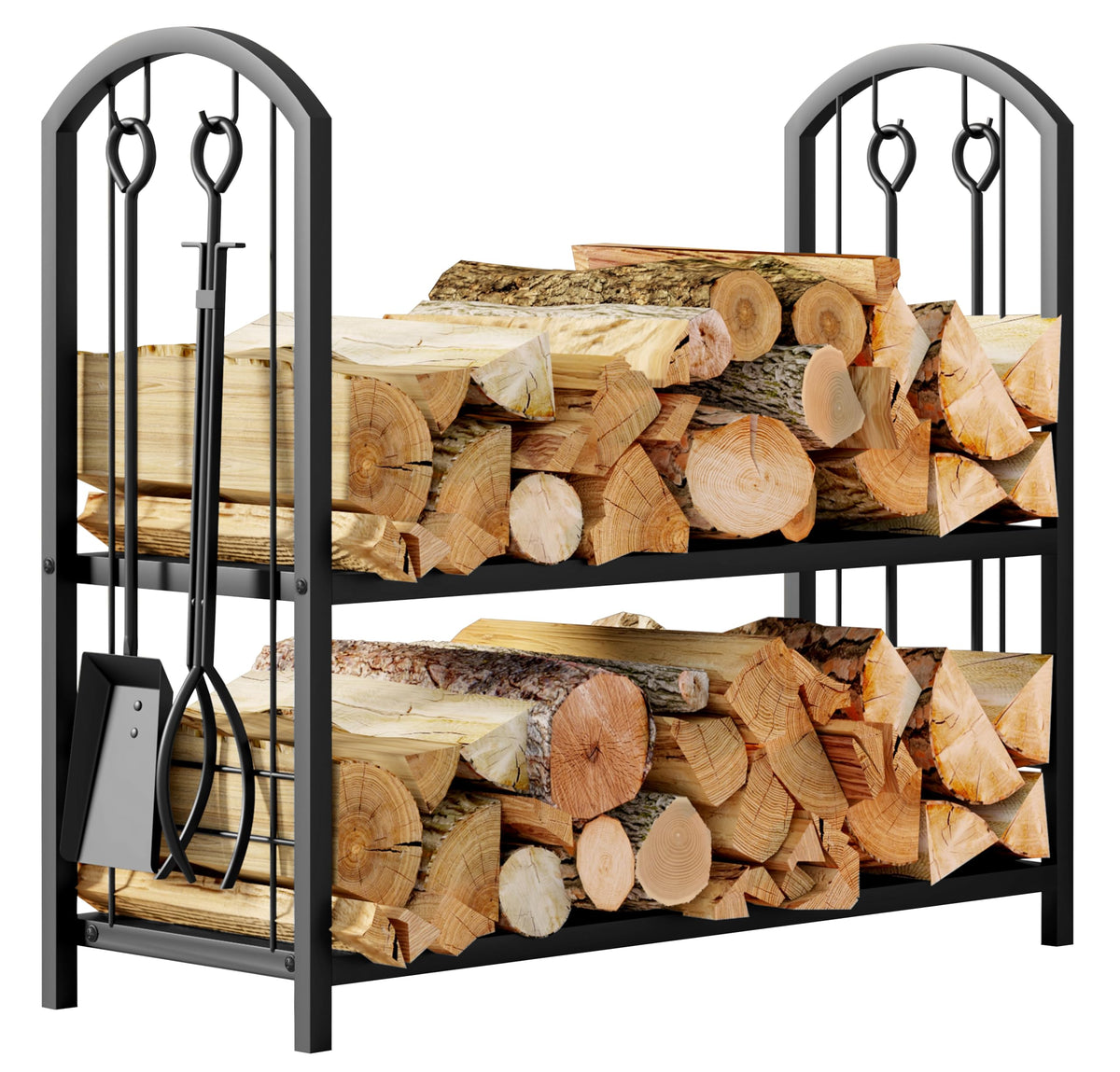 Fire Beauty Wrought Iron Firewood Log Rack with 4 Pcs Fireplace Tools Black