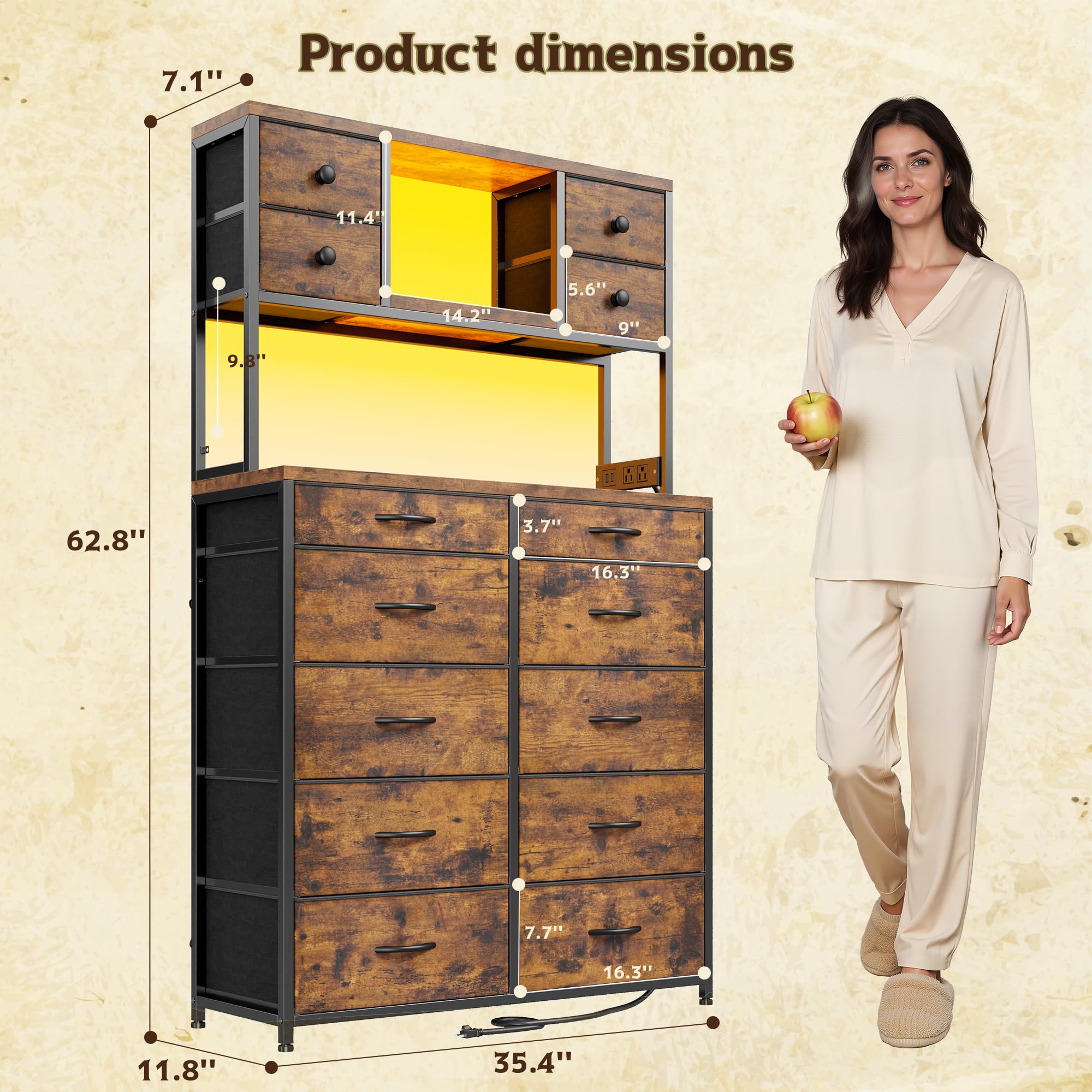 62“H Dresser for Bedroom with Large Drawers,Dressers & Chests of Drawers Featuring LED Light and Charging Ports,Sturdy Fabric Drawers with Open Storage Shelves, Wood Top,Steel Frame(Rustic Brown)