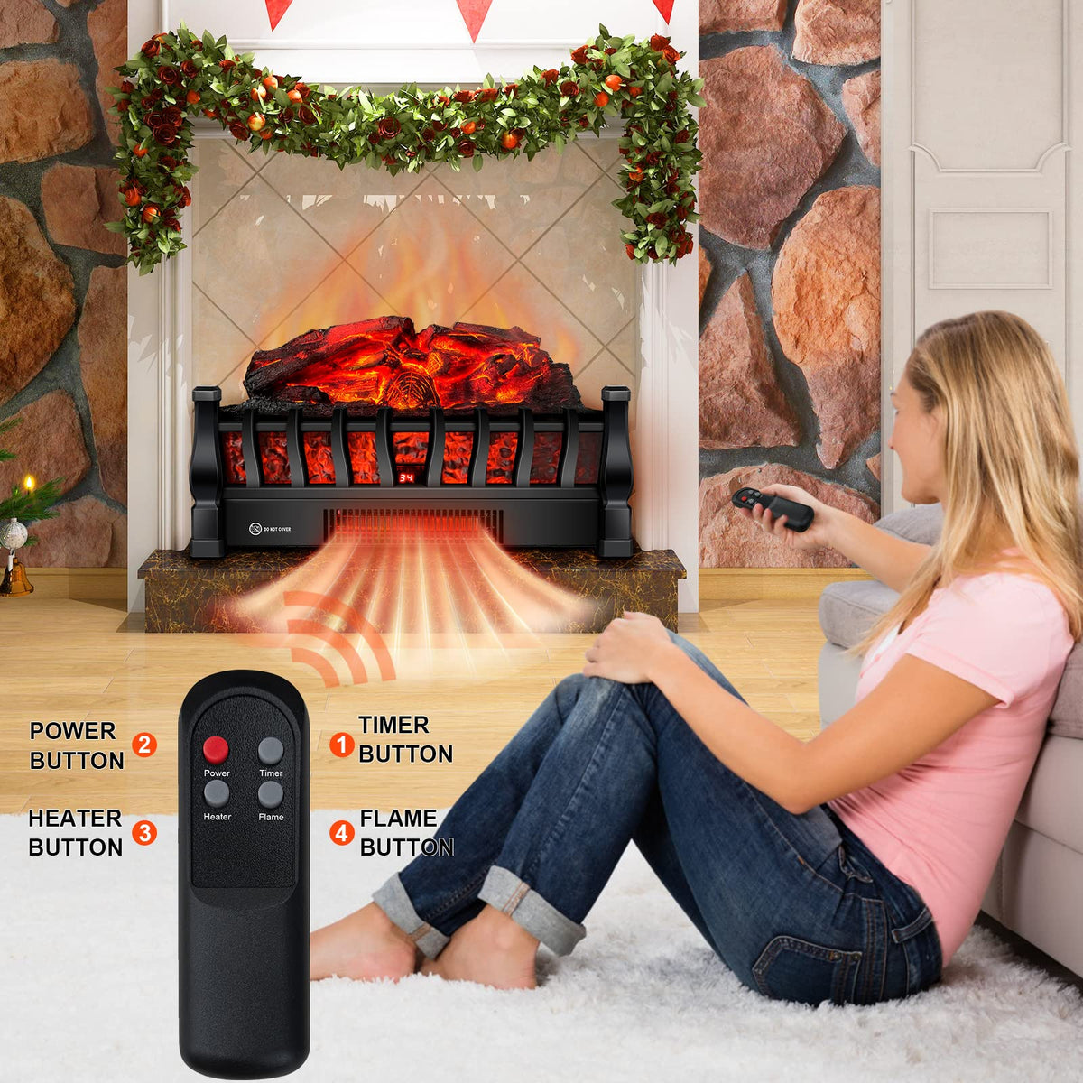 Electric Fireplace Logs Inserts Heater with Remote Control for Home Decor