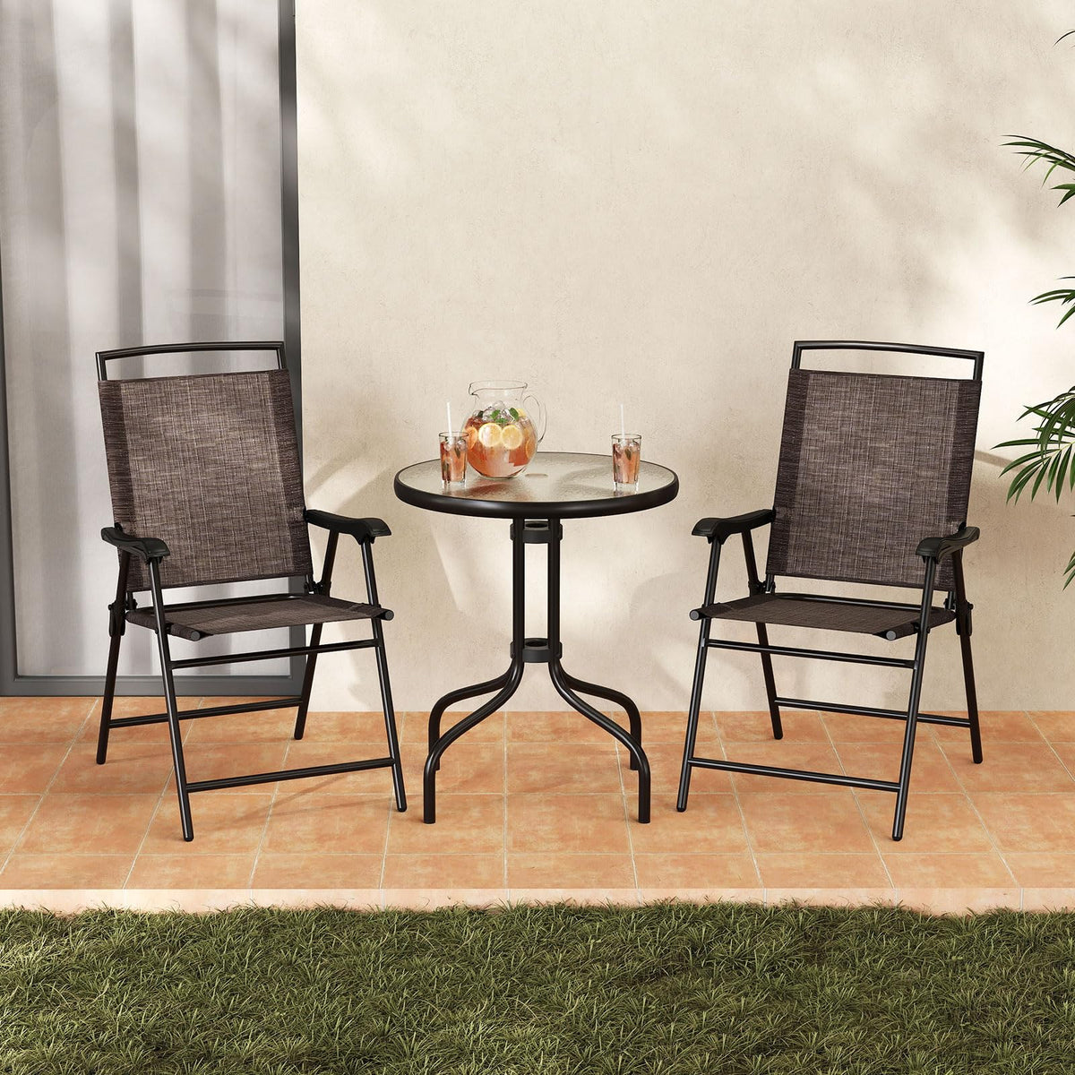 Goplus Bistro Table and Chairs Set of 2, Outdoor 3 Piece Patio Bistro Set with 1.57” Umbrella Hole, Tempered Glass Tabletop, 2 Folding Chairs, Small Patio Furniture Dining Set for Garden, Balcony