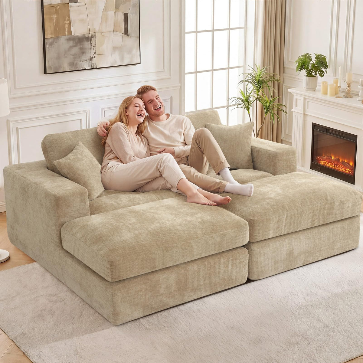 Mifnas 81" Oversized Double Chaise Lounge, Cloud Boneless Sofa Bed, Khaki