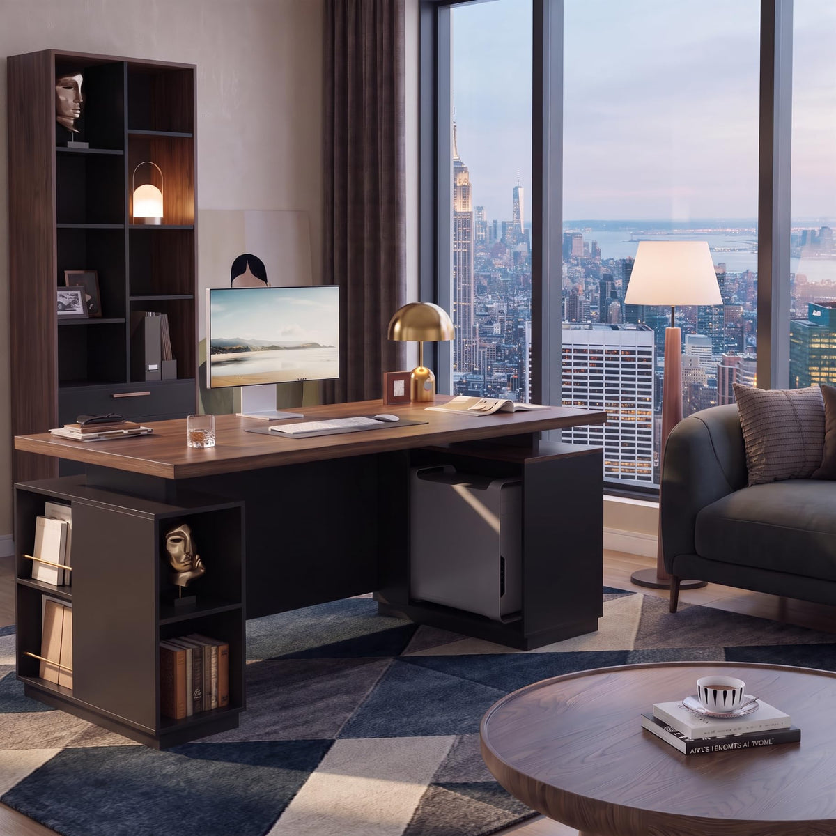 ModernMate 71" Executive Standing Desk with Tall Bookcase, Black Walnut