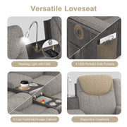 Dresegmt Home Theater Seating, Manual Recliner Sectional Sofa for Living Room, 5 Seater Reclining Sectional Couch with Flip-Up Backrest, Storage Console, USB Ports, Grey Linen & Chocolate Leather