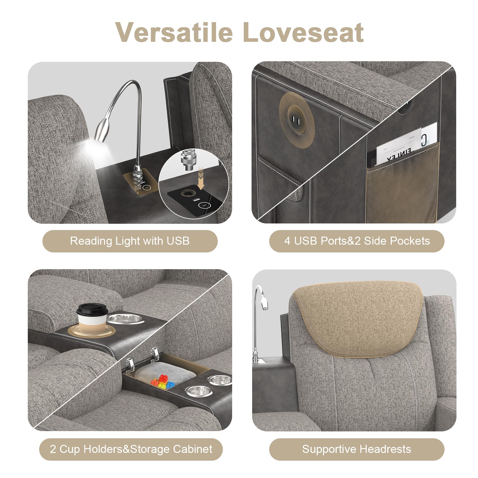 Dresegmt Home Theater Seating, Manual Recliner Sectional Sofa for Living Room, 5 Seater Reclining Sectional Couch with Flip-Up Backrest, Storage Console, USB Ports, Grey Linen & Chocolate Leather