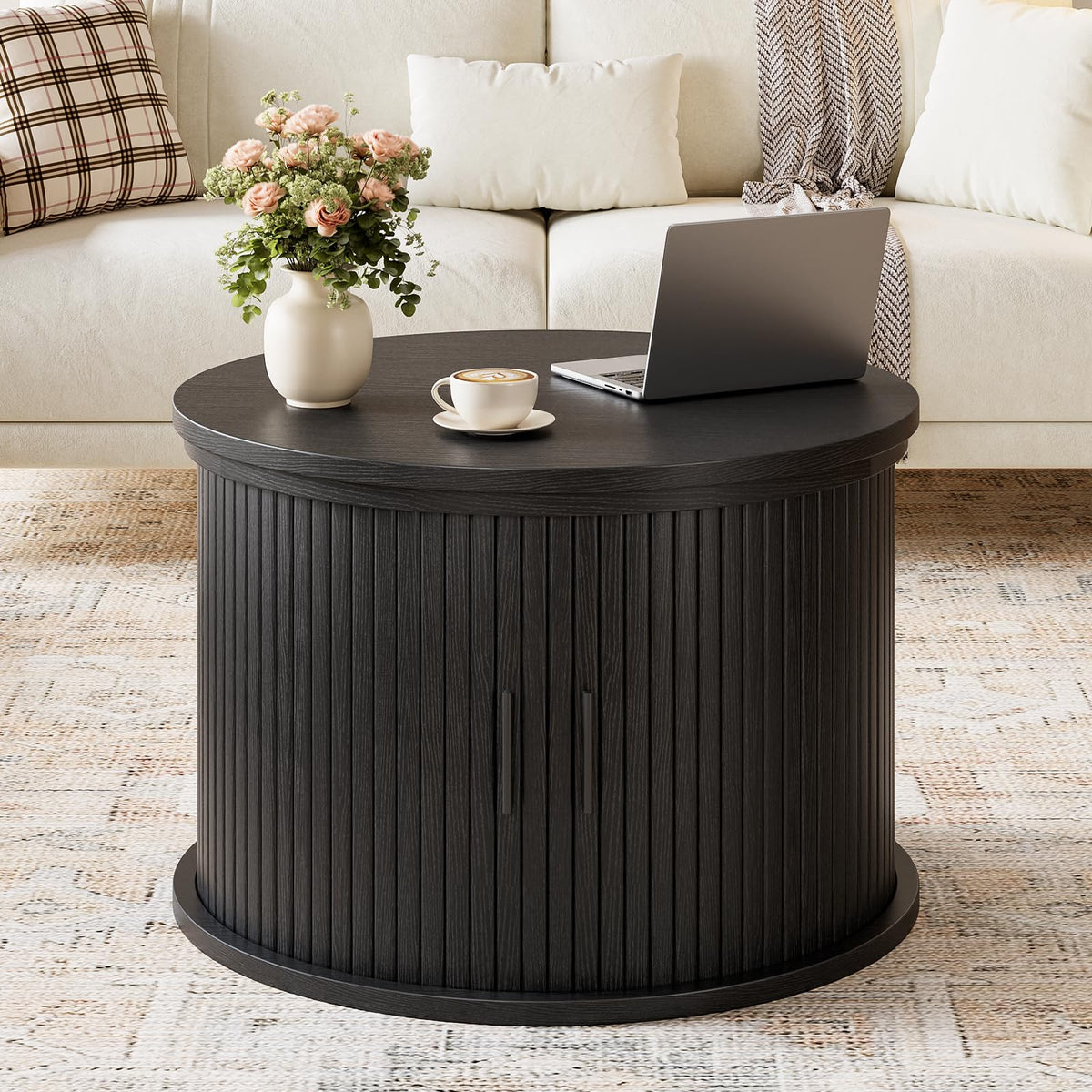 Hizyrina Round Lift Top Coffee Table, 23.6" Fluted Drum Coffee Table with Large Hidden Storage for Living Room, Center Table with Sliding Rolling Door for Small Spaces, Apartment, Home Office, Black