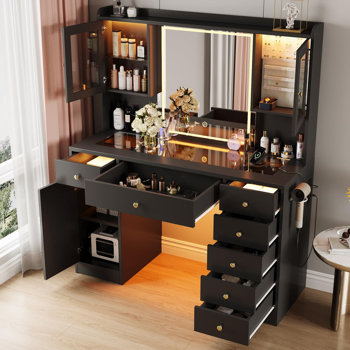 Black Glass-Top LED Makeup Vanity