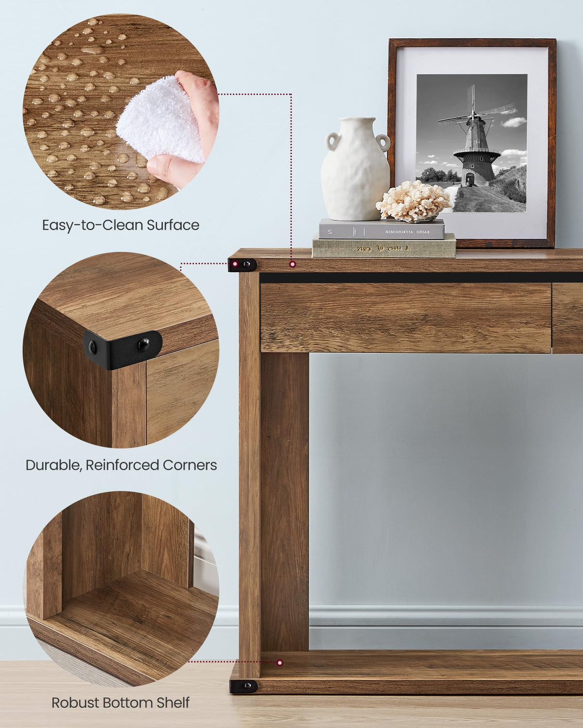 VASAGLE 47.2" Console Table with 3 Drawers, Entryway Table, Bottom Shelf